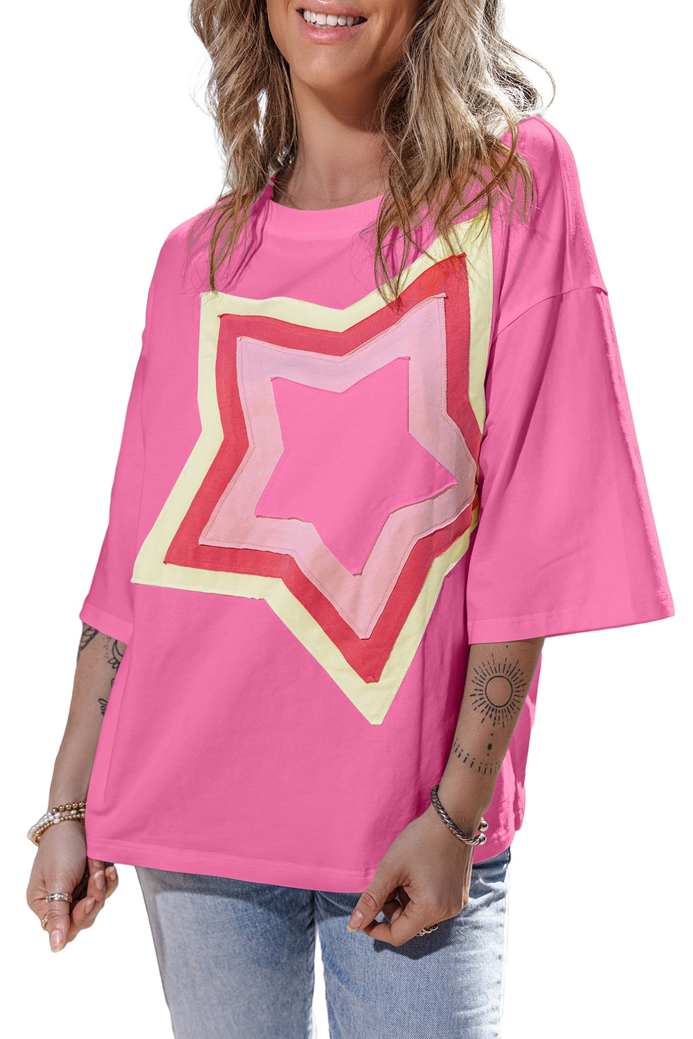 Bonbon Colorblock oversized T-shirt met halflange mouwen en sterpatches