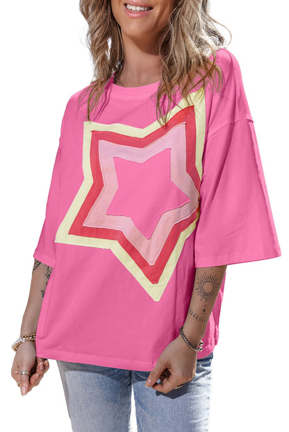 Bonbon Colorblock oversized T-shirt met halflange mouwen en sterpatches