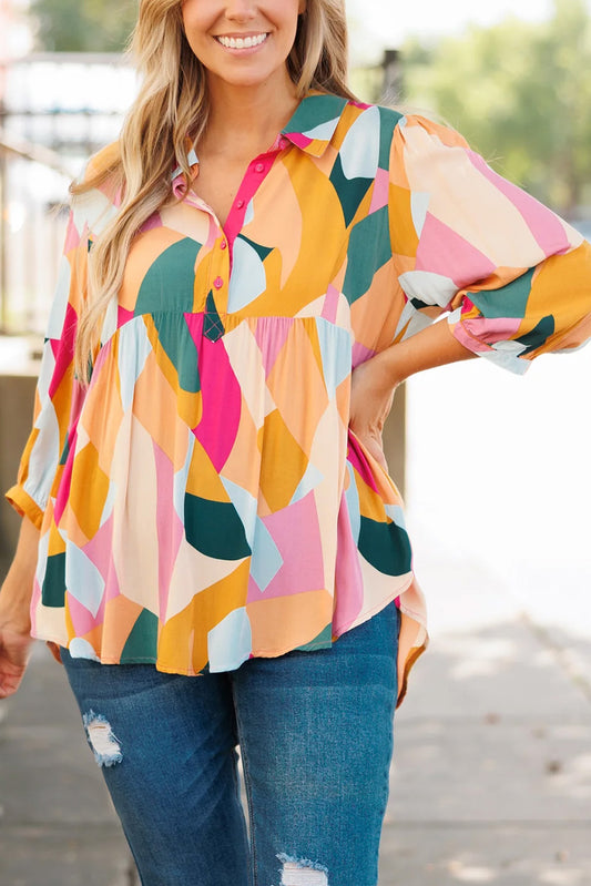 Henley-blouse met veelkleurige geometrische print en armbandmouwen