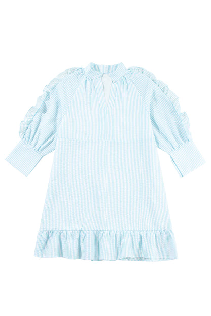 Myosotis Seersucker Ruffled Puff Sleeve Stand Neck Mini-jurk