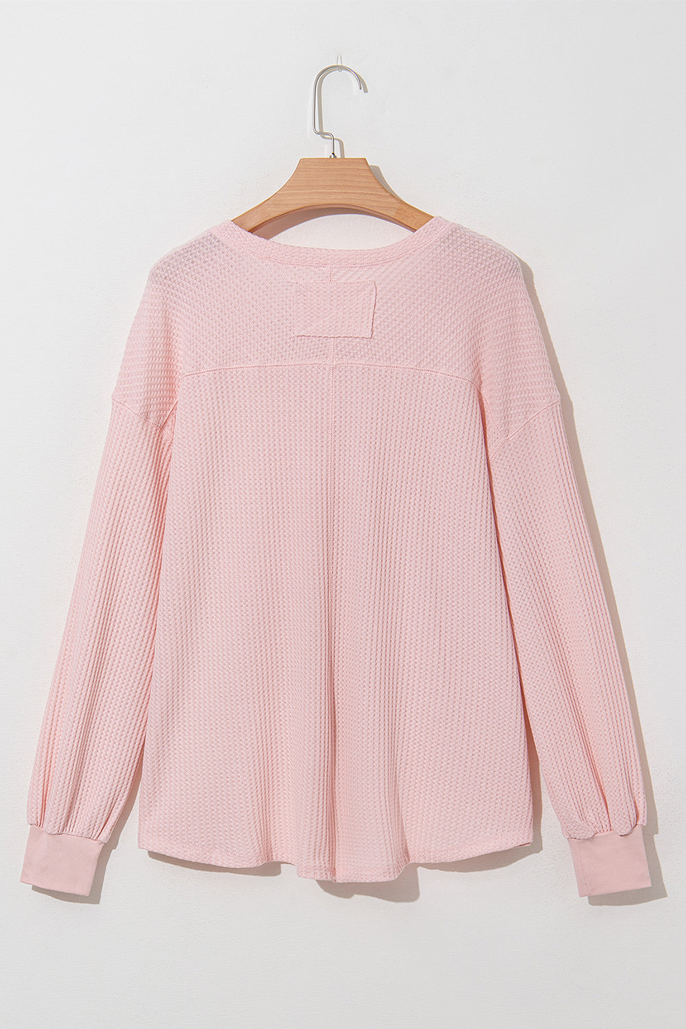 Light Pink Waffle V Neck Long Sleeve Drop Shoulder Loose Blouse