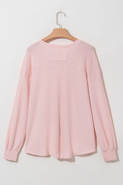 Light Pink Waffle V Neck Long Sleeve Drop Shoulder Loose Blouse