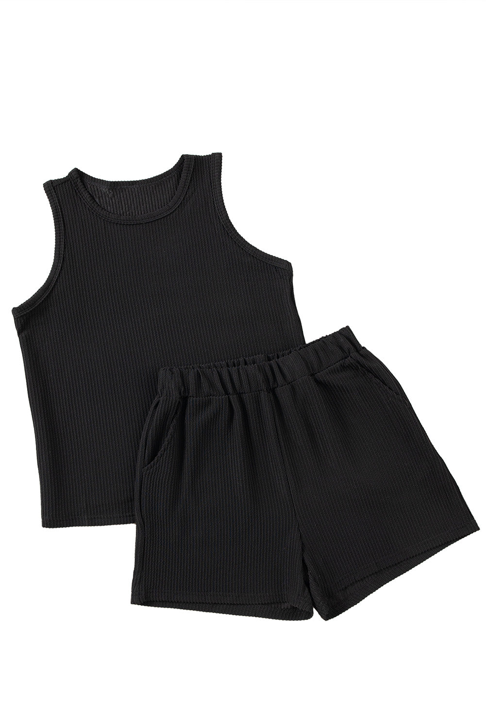 Black Corded Sleeveless Top and Pocketed Shorts Set