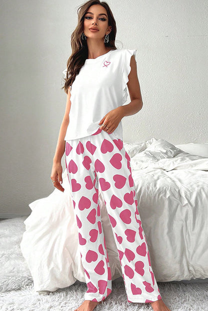 Roze gegolfde tanktop en hartprint broek lounge set