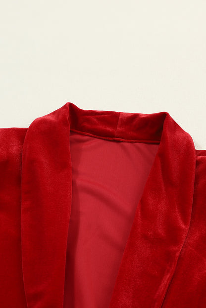 Fiery Red Velvet Open Front Pocketed Long Duster