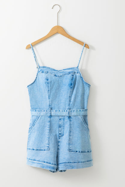 Beau blauwe spaghettibandjes denim romper met riem