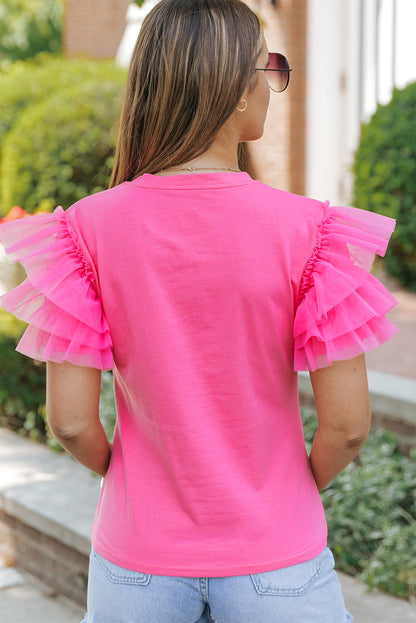 Roze tule blouse met ruches aan de mouwen