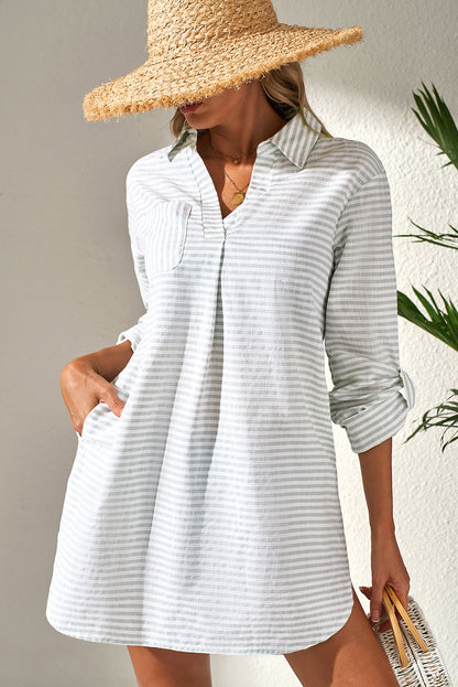 Witte streep Collared v Neck Borst Pocket Lange Mouw Beach Cover Up