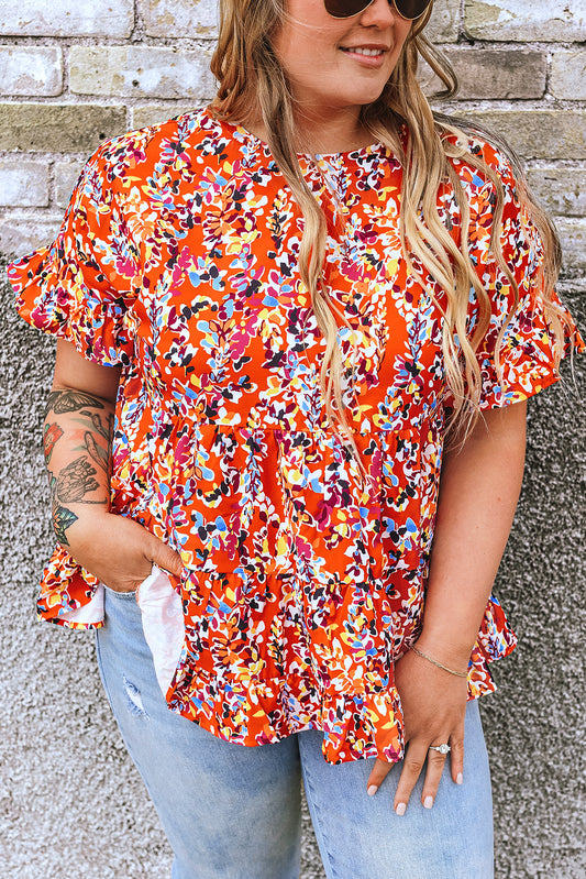 Oranje bloemenprint ronde babydollblouse met ruches aan de mouwen