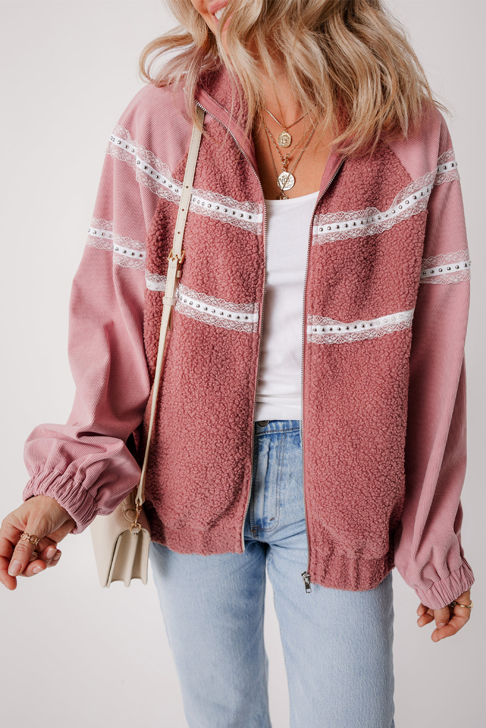 Roze sherpa patchwork kanten elastische manchetten ritsjack