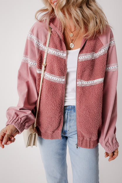 Roze sherpa patchwork kanten elastische manchetten ritsjack