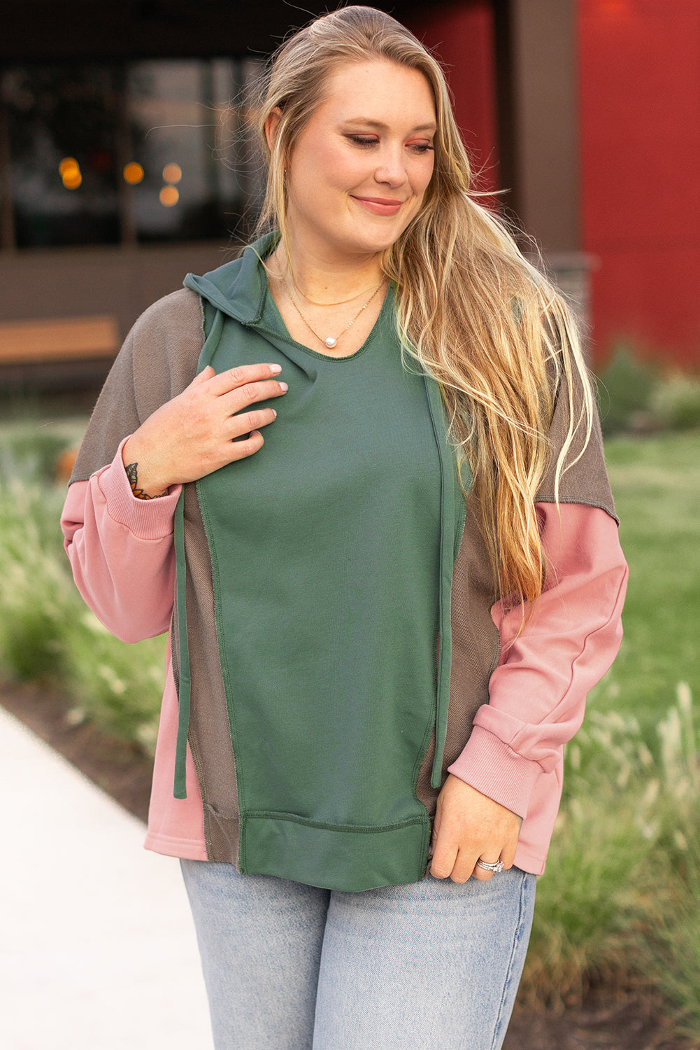 Breen Plus Size Colorblock Patchwork V-hals Hoodie