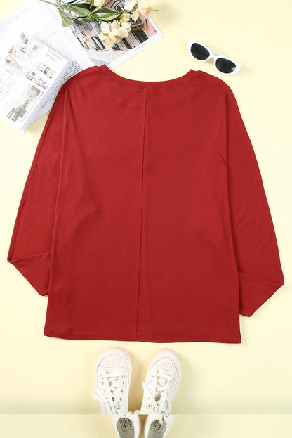 Red Solid Color Patchwork Long Sleeve Top