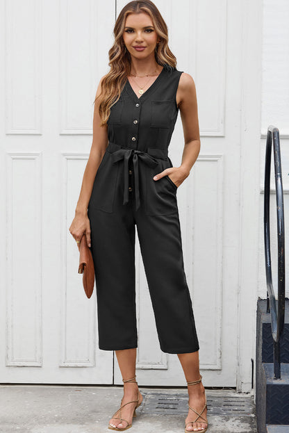 Zwarte mouwloze cropped jumpsuit met knopen en sjerp