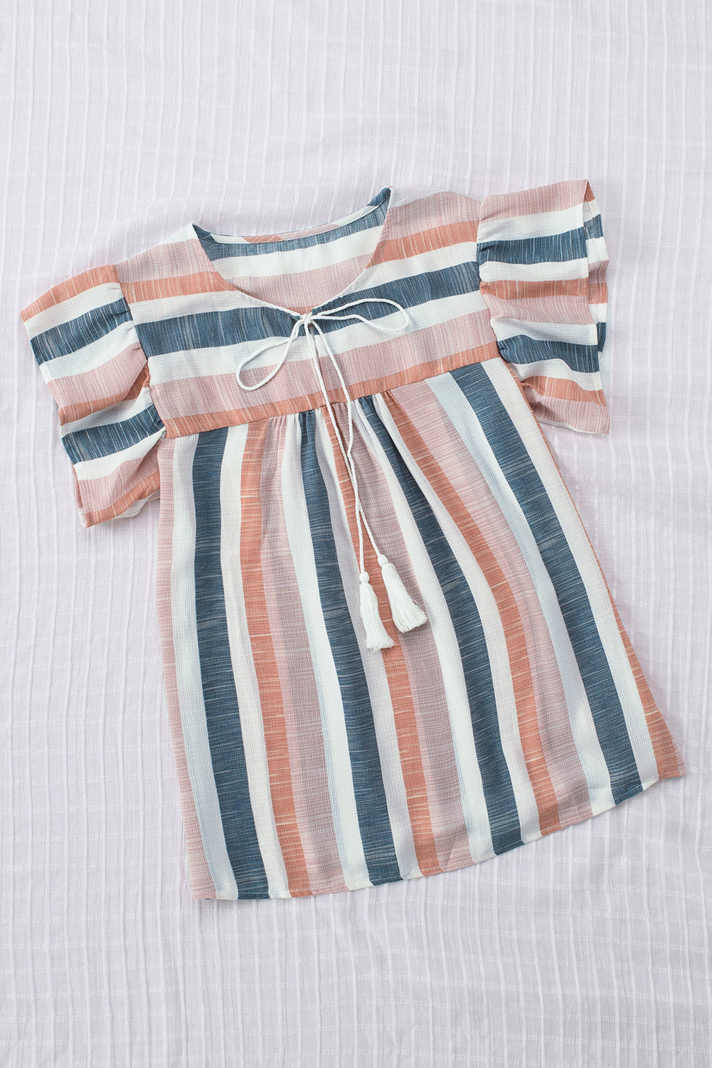 Multicolor Stripes Split Neck Pleated Ruffled Short Sleeves Top