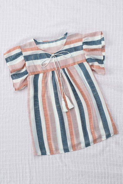 Multicolor Stripes Split Neck Pleated Ruffled Short Sleeves Top