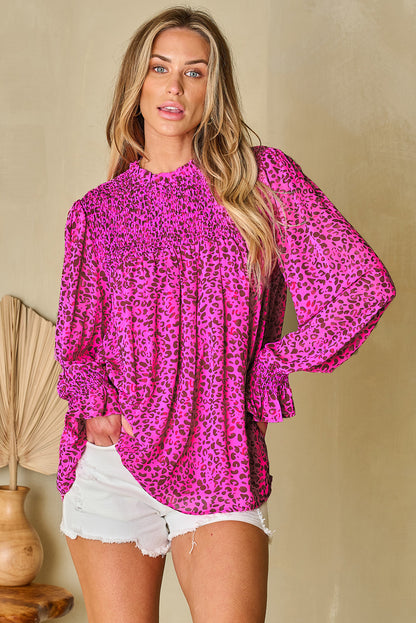 Rose Leopard Shirred Puff Sleeve Flowy Blouse