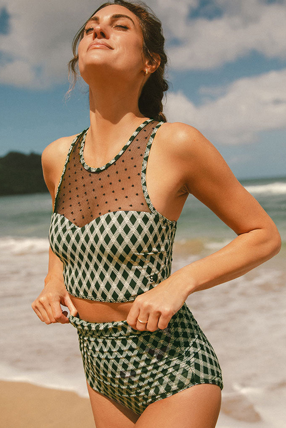 Green Dotted Mesh Plaid Patchwork High Waisted Bikini