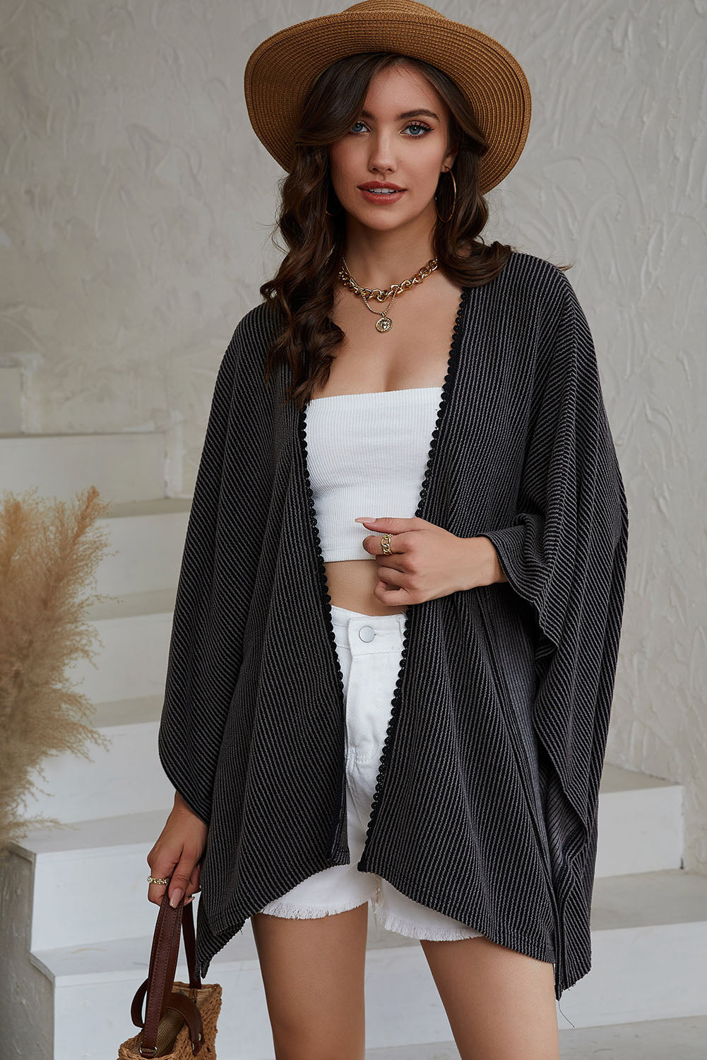 Zwarte oversized kimono met kanten rand