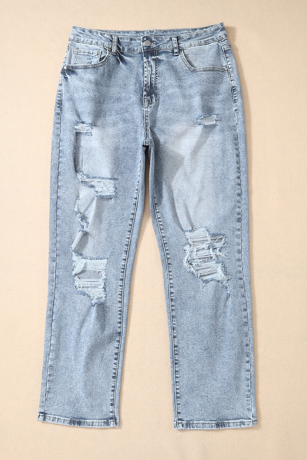 Hemelsblauwe, lichte wassing, gerafelde slim-fit jeans met hoge taille