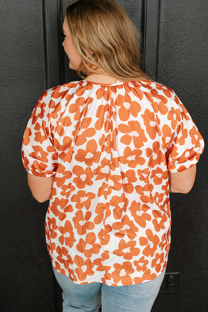 Oranje grote maat bloemenprint met trekkoord en V-hals, blouse met korte mouwen