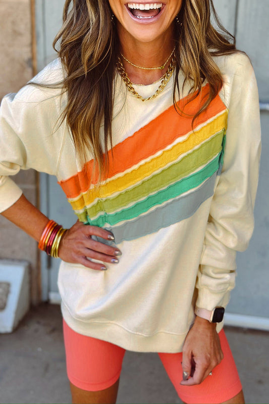 Abrikoos Regenboog Colorblock Gestreepte Pullover Sweatshirt