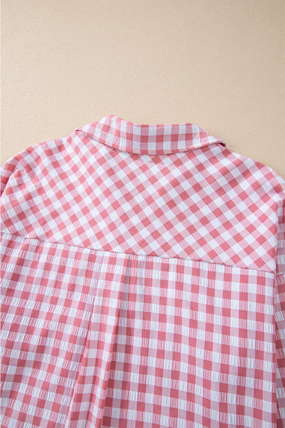 Pink Gingham printkastvakken geknoopte kraagshirt geknoopt