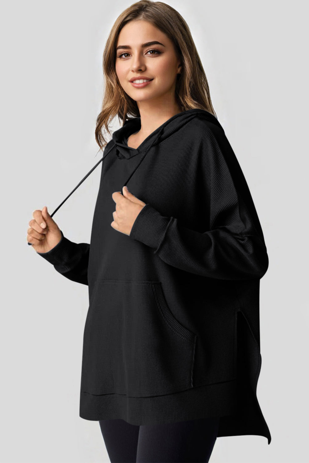 Grijze wafel gebreide fleece gevoerde high low oversized hoodie