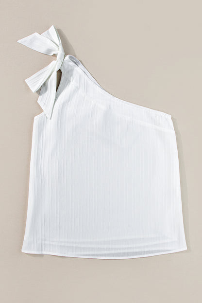 White Textured Bowknot One Shoulder Tank Top