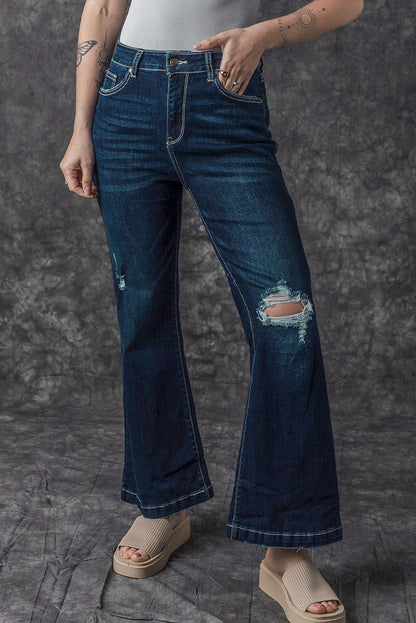 Echte blauwgroene jeans met hoge taille en gescheurde bell bottom