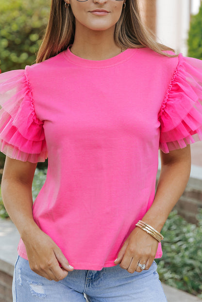 Roze tule blouse met ruches aan de mouwen