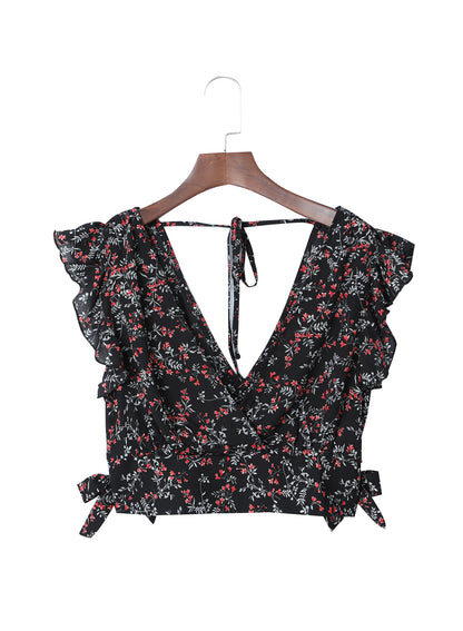 Zwart veelkleurige crop top en maxirok met bloemen en ruches