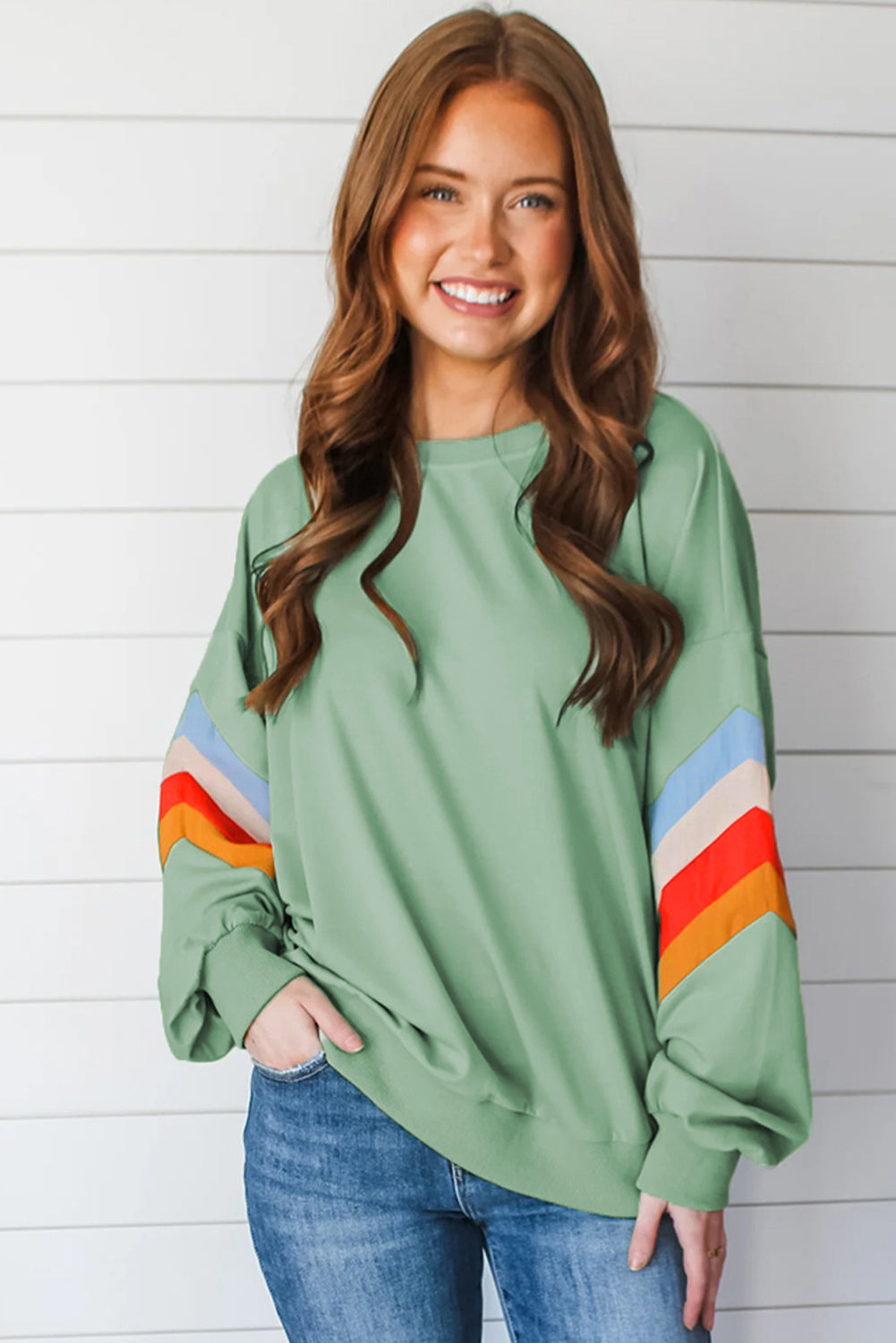 Moonlight Jade Regenboog Gestreepte Mouw Ronde Hals Losse Sweatshirt