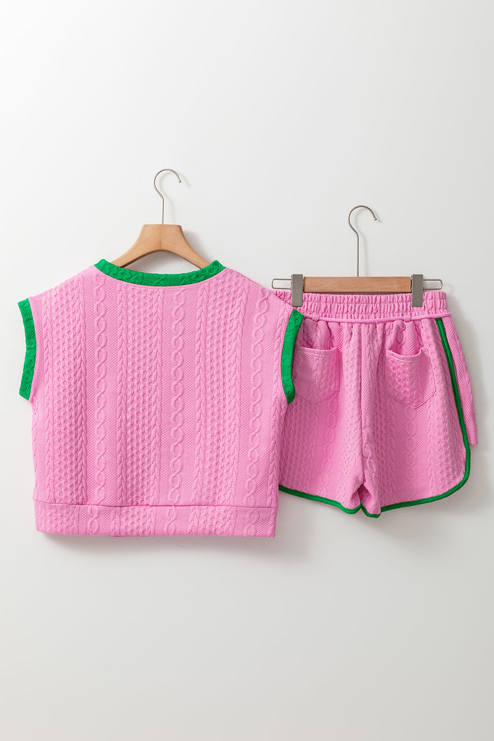 Pink Contrast Trim Cable Textured Shorts Set