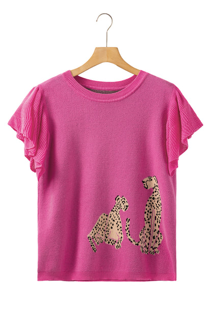 Pink Leopard Ruffled Sleeve Round Neck Knit Sweater