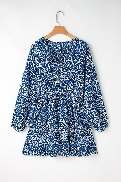 Blauwe vintage print veter V-hals lange mouw mini-jurk