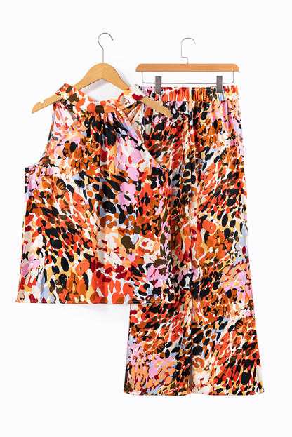 Zwart veelkleurige halter tanktop en broek met luipaardprint