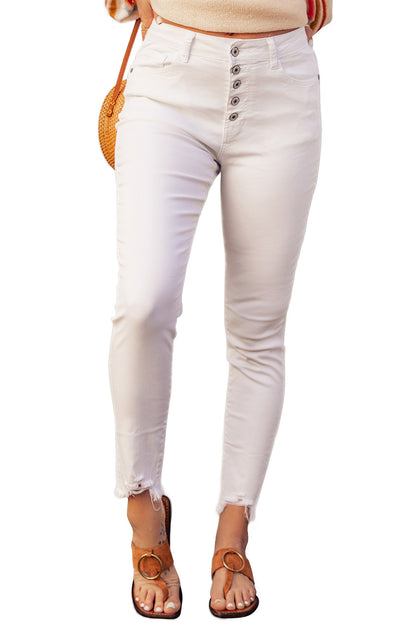 Witte effen hoge taille knopen, gerafelde cropped denim jeans