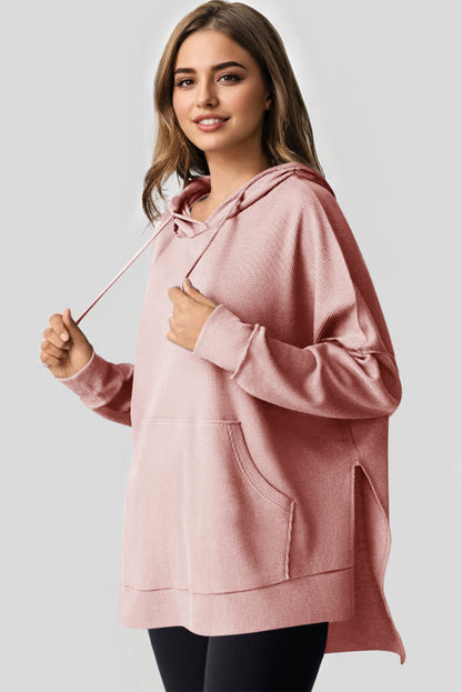 Grijze wafel gebreide fleece gevoerde high low oversized hoodie