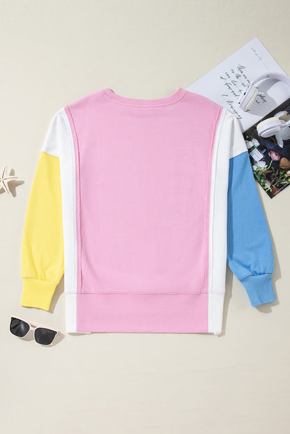 Bonbon Color Block Exposed Seam Side Slits Crewneck Sweatshirt