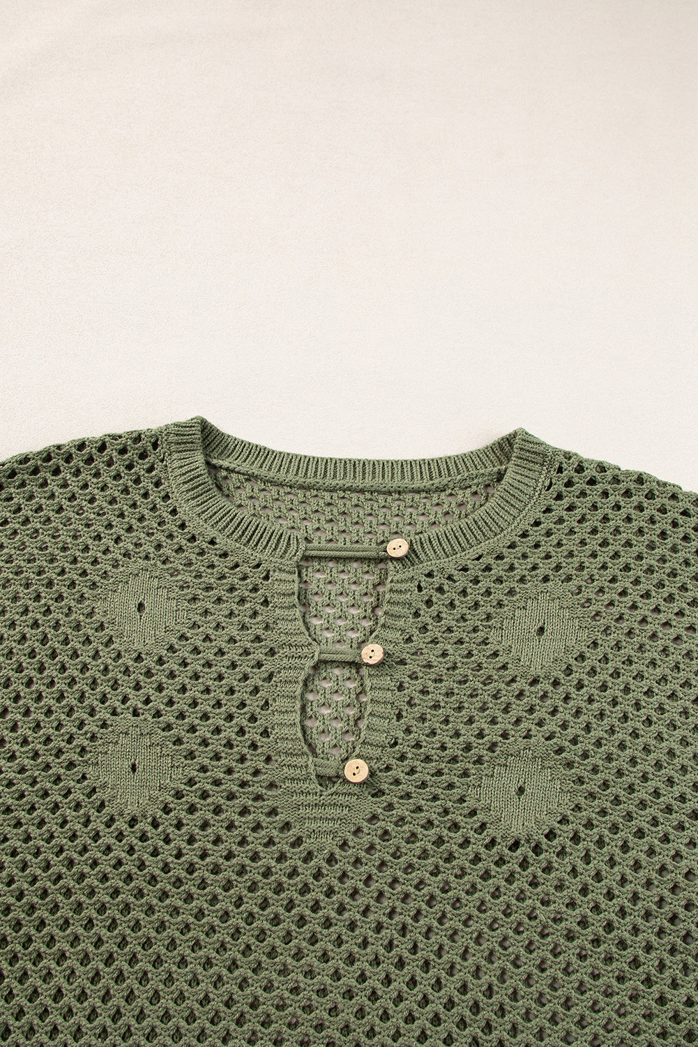 Vineyard Green Open Knit Buttoned Neck Split Sleeve Sweater