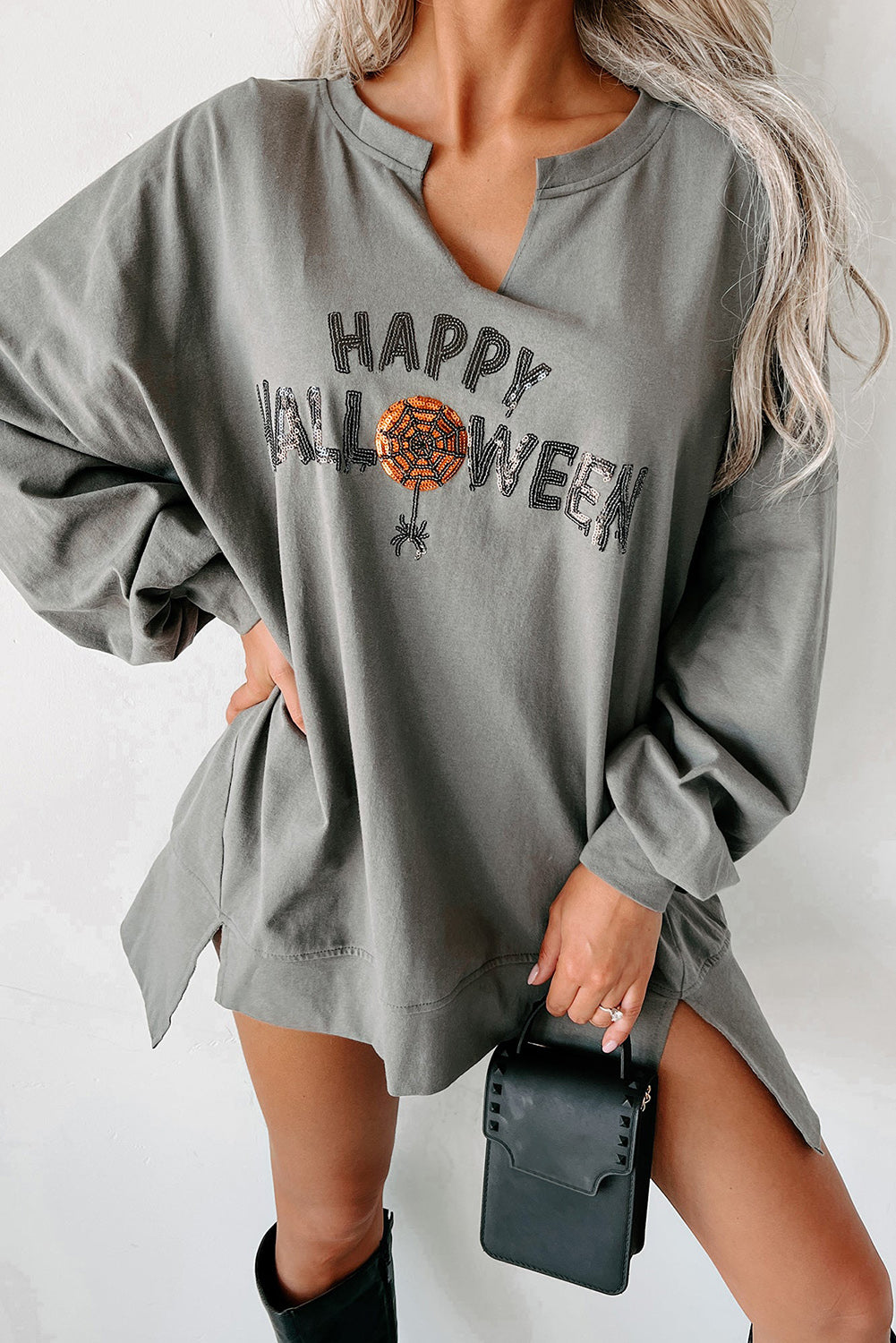 Medium grijs pailletten Happy Halloween Graphic Gotched Neck Long Sleeve losse top