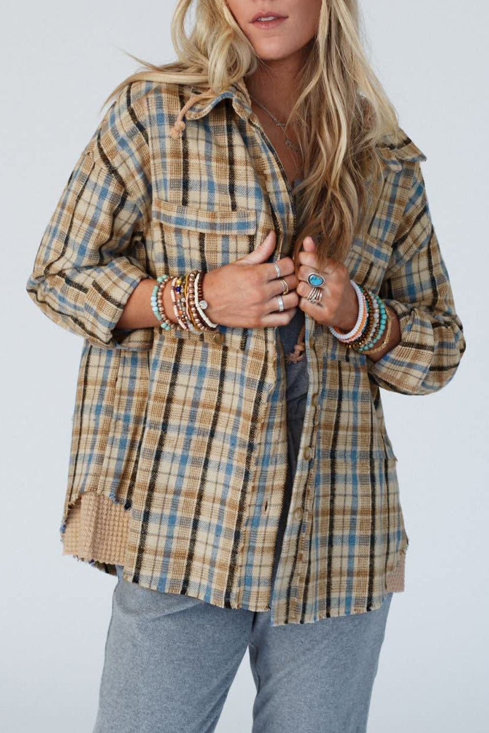 Ashleigh Blue Waffle Breid Patchwork Hooded Plaid Shacket