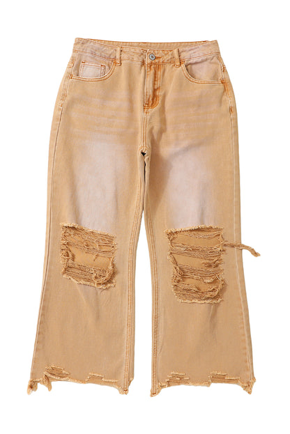 Brown Distressed Hollow-out High Waist Cropped Flare Jeans