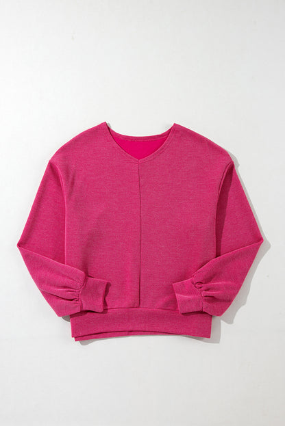 Rose Red Textured Long Sleeve V Neck Top