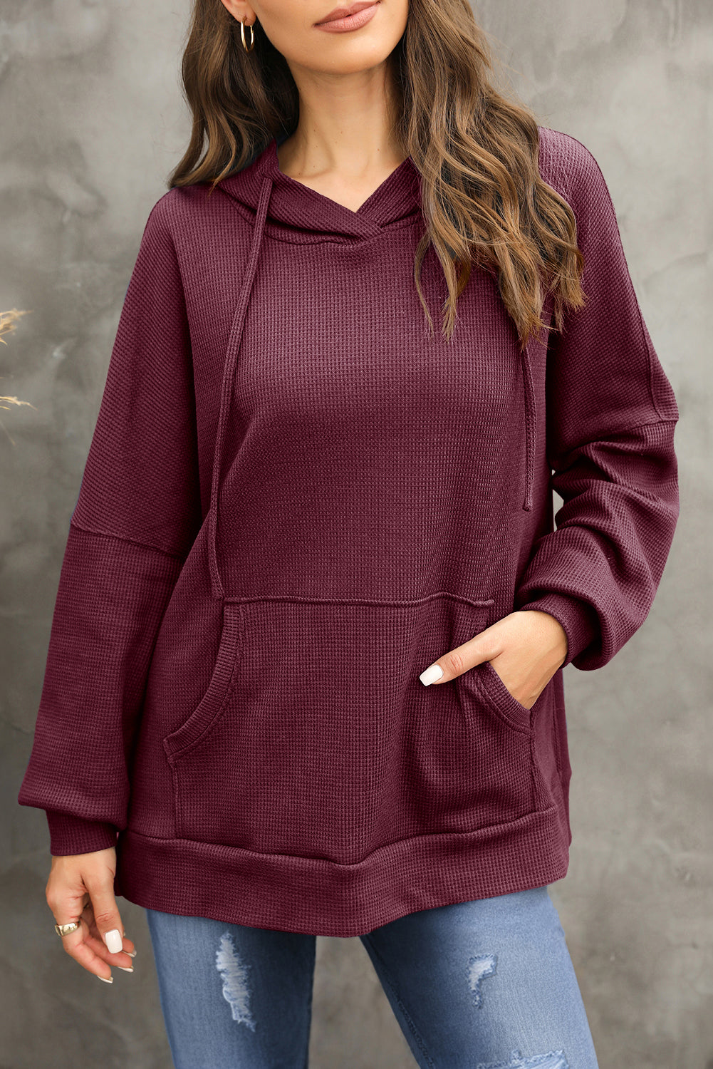 Grijze wafel gebreide fleece gevoerde high low oversized hoodie