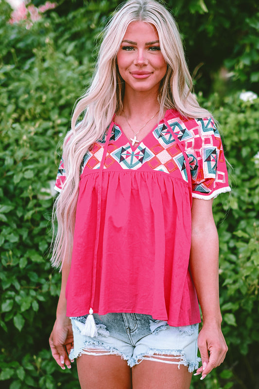 Strawberry Pink Geometric Embroidered Tassel Tie V Neck Blouse