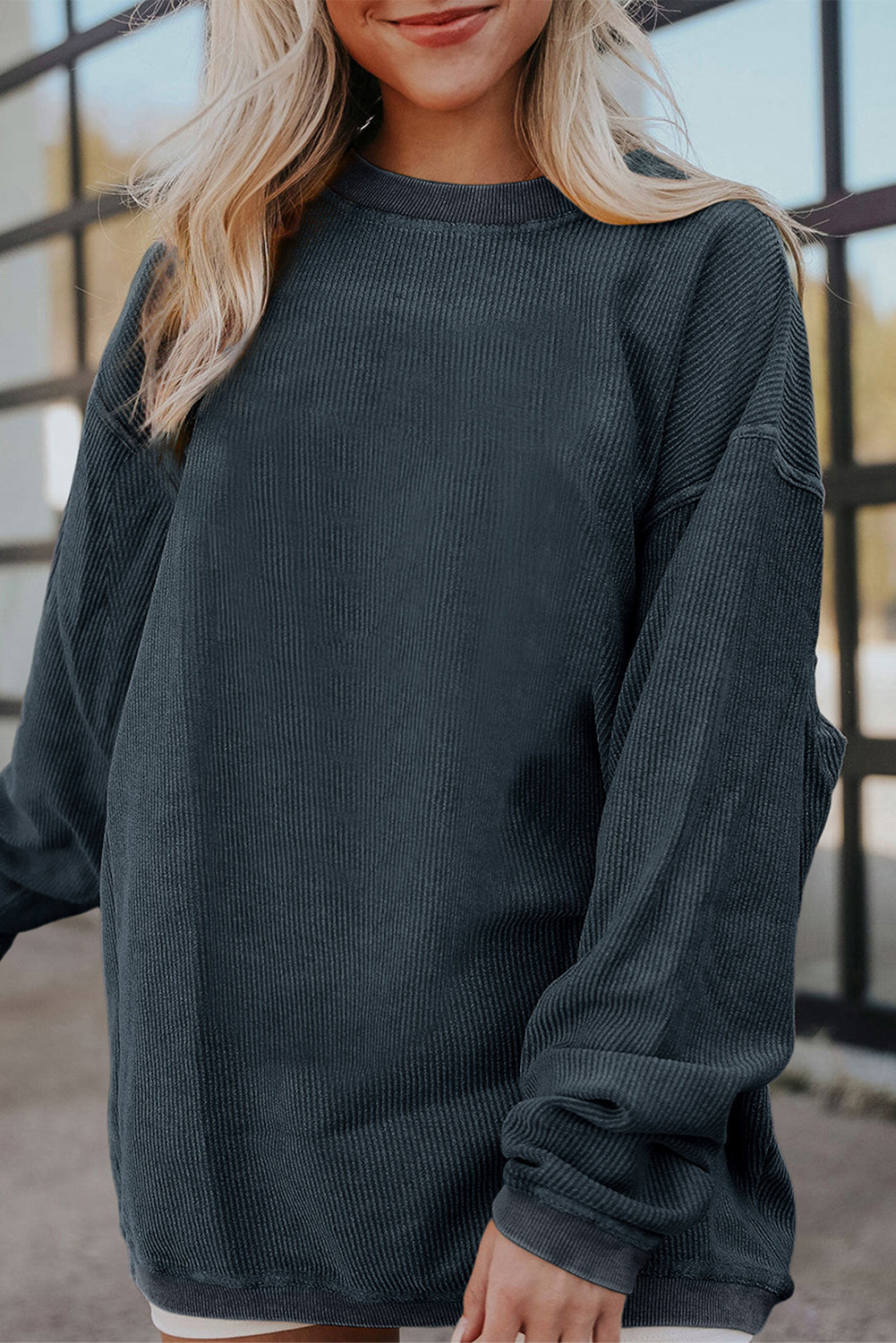 Dark Grey Ribbed Corduroy Oversized Sweatshirt