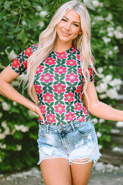 Vurig rood retro T-shirt met ronde hals en bloemenprint