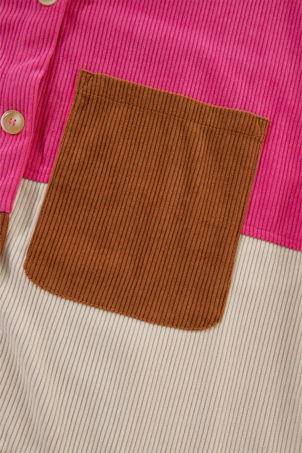 Rozerode corduroy shacket met gebogen zoom en zak met colorblock